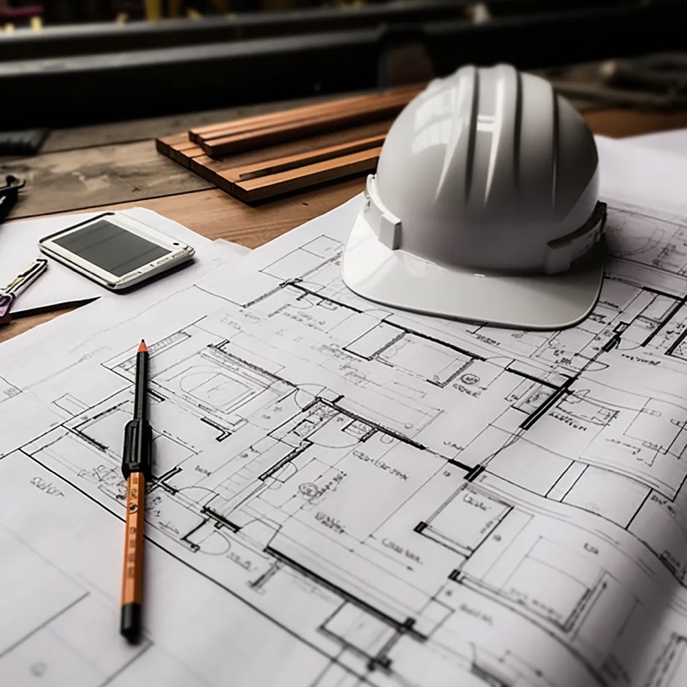 Hard hat resting on commercial construction drawings